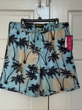 Surf Society Men’s Light Blue Swim Shorts with Black Palm Print. NWT. Size M